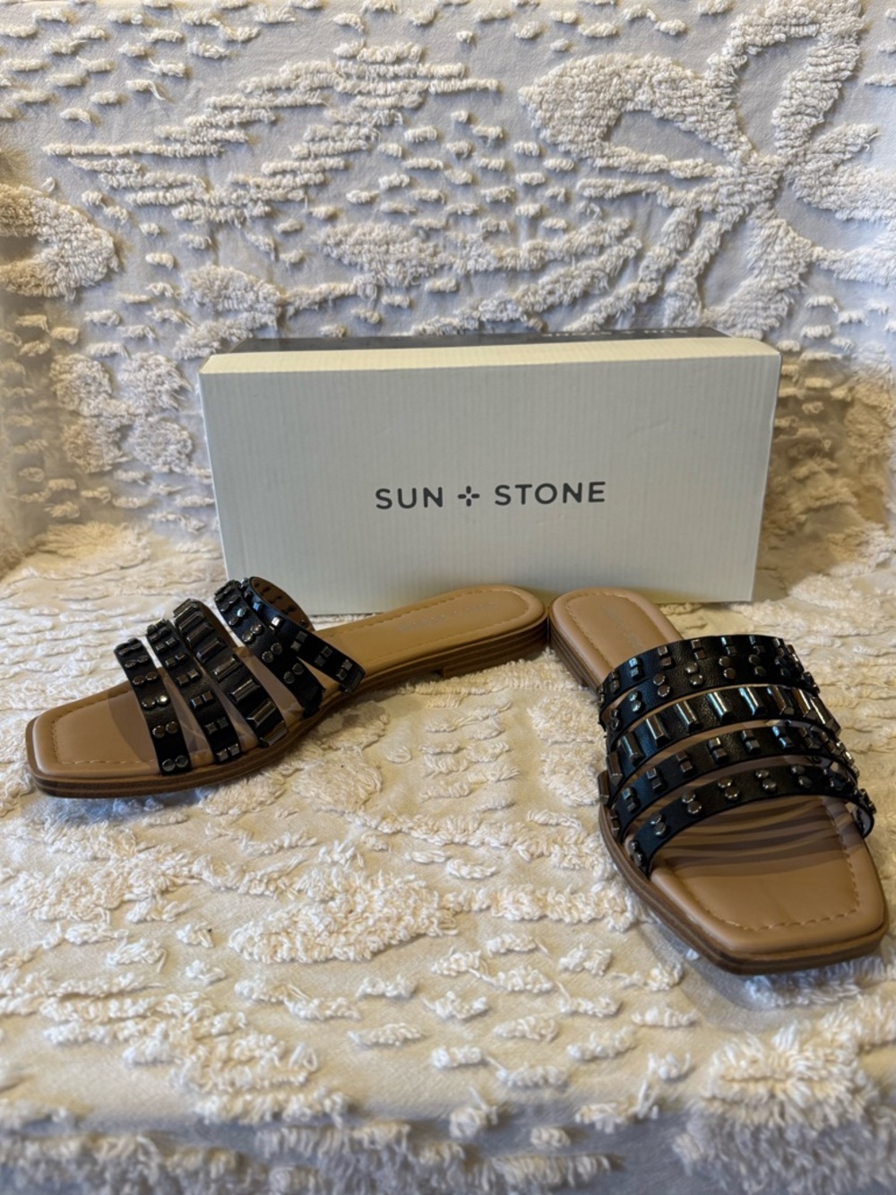 Sun + Stone Black Studded Multi-Strap Slide Sandal#648